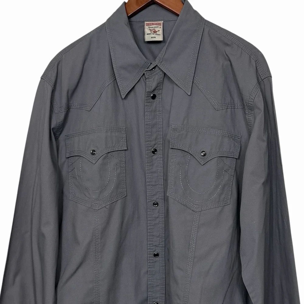 True Religion Western Men's Shirt XXXL Gray‎ Pearl Snap Cowboy Rodeo Cotton